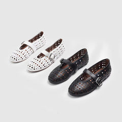 Chaussures plates découpées en cuir noir/blanc pour femme, mocassins à bout rond avec ceinture à boucle ajourée, mary janes, respirantes