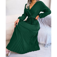 2025 femmes automne nouveau vert à manches longues robe couleur unie à lacets croix col en v grande balançoire plissée longue robe Roupas Feminina