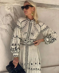 Robe longue rétro élégante à col montant pour femmes, motif imprimé, boucle ceinturée, robe de soirée, manches longues, ligne a, style Boho, automne