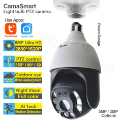 5MP Tuya E27 ampoule caméra extérieure externe Wifi IP PTZ vie intelligente 256G Vision nocturne Protection de sécurité à domicile Surveillance vidéo