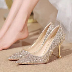 Escarpins à talons hauts et fins pour femmes, chaussures à bout pointu en métal, peu profondes, Sexy, scintillantes, pour mariage, blanches, nouvelle collection 2022