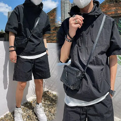 Ensemble de style cargo d'été pour hommes, sweat à capuche décontracté, t-shirt à manches courtes, short monochrome, mode adt, haute qualité, beau sweat-shirt trempé