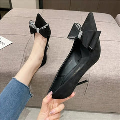 Chaussures à talons minces pour femmes, tête pointue, bouche peu profonde, biscuits, nœud papillon, denim, talons à enfiler, mode, automne, nouveau