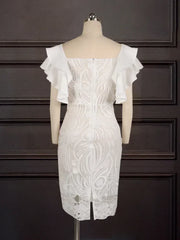 Robe Élégante en Dentelle Blanche pour Femme, Manches à Volants, Coupe Cintrée, Longueur aux Genoux, Chic, ixd'Anniversaire, Tenue de Célébrité, XXXL