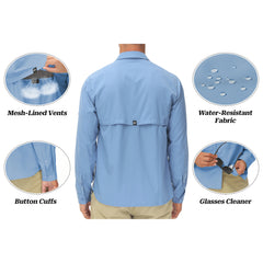 Chemises de pêche à manches longues UPF 50+ pour hommes Protection solaire Chemise de travail de randonnée respirante Chemise boutonnée décontractée avec poche zippée