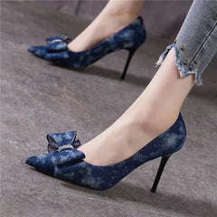 Chaussures à talons minces pour femmes, tête pointue, bouche peu profonde, biscuits, nœud papillon, denim, talons à enfiler, mode, automne, nouveau