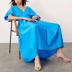 Robe de soirée française pour femmes, couleur unie, col en v, taille haute, longue, bureau, élégante, plissée, manches courtes, ligne a, nouvelle collection été 2024