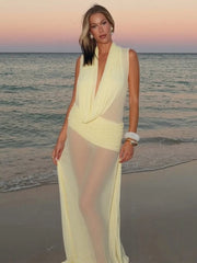 Whatiwear Sexy Voir À Travers Robe Femmes Halter Swing Col Patchwork Sans Manches Vacances Plage Parti Froncé Élégant Longue Moulante