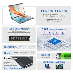 BYONE BY135 double écran ordinateur portable Intel N100 DDR4 16G RAM M.2 SSD 14 pouces 10 points écran tactile ordinateur portable 6500Mah ordinateur PC bureau