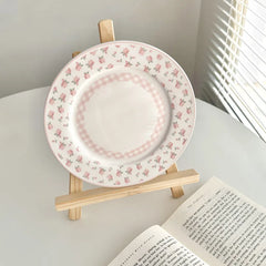 Assiette à dîner en céramique florale rose, petite assiette française florale brodée à bords en dentelle, assiette à salade légère, adaptée à la décoration de la maison, assiette à pain pour petit déjeuner quoti