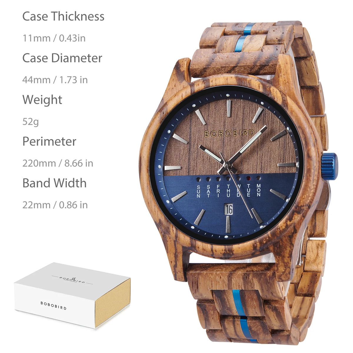 BOBO BIRD Montre en bois BOBO BIRD à quartz avec calendrier pour homme, marque de luxe originale, montre en bois pour homme 2024, nouvelle arrivée.