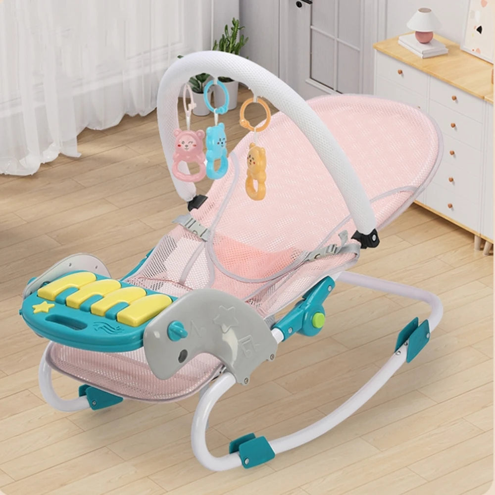 Chaise à bascule 2 en 1 pour bébé de 0 à 12 mois, avec musique et jouets, chaise pivotante à réglage de 4 niveaux, pour nouveau-né, activités pour bébé