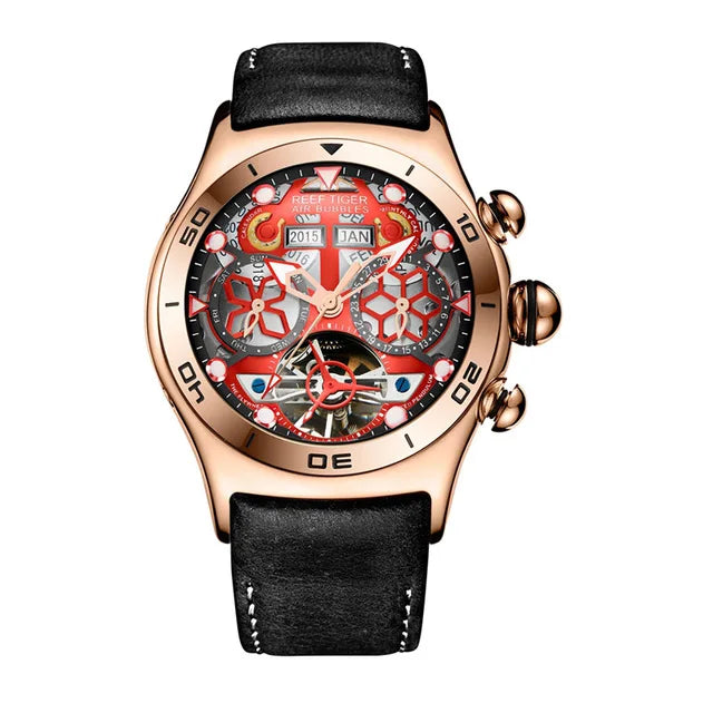 Reef Tiger-Montres Automatiques Seton pour Homme, Modules Or Rose, Bracelet Cuir Tourbillon, Montre dehors Étanche, Luxe, RIncome 703