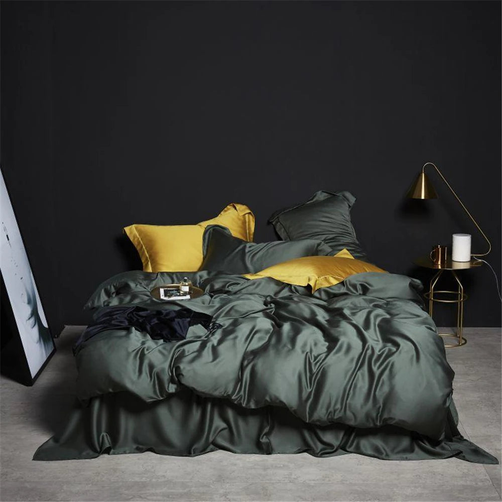 VEV-ESTHETE-Parure de lit vert foncé, ensemble de literie sain et pur, housse de luxe Queen et King, drap plat, taie d'oreiller, linge de lit, 100%
