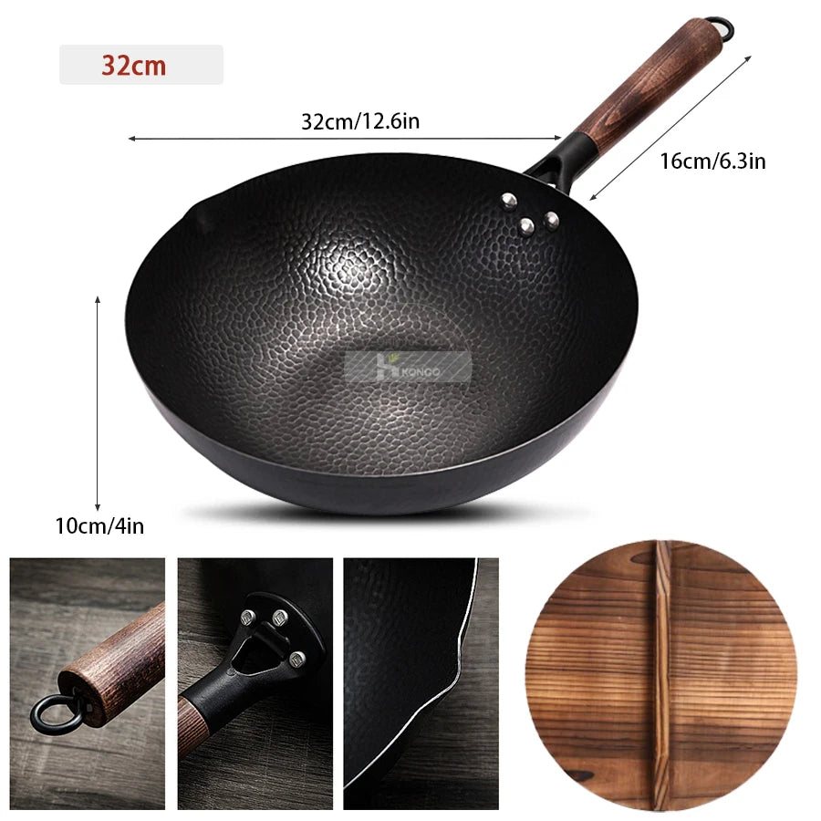 Konco Pure Iron wok poêle en fonte Pot non revêtu usage général pour cuisinière à gaz et à induction 32 cm Wok chinois ustensiles de cuisine