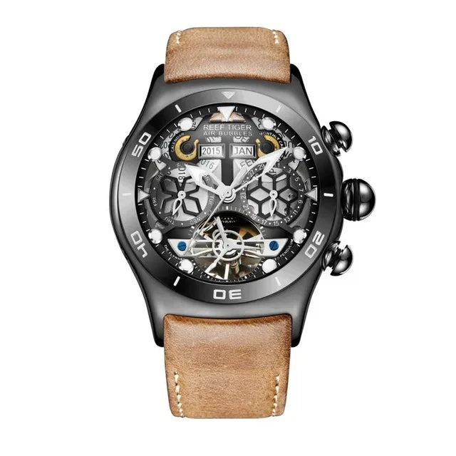 Reef Tiger-Montres Automatiques Seton pour Homme, Modules Or Rose, Bracelet Cuir Tourbillon, Montre dehors Étanche, Luxe, RIncome 703