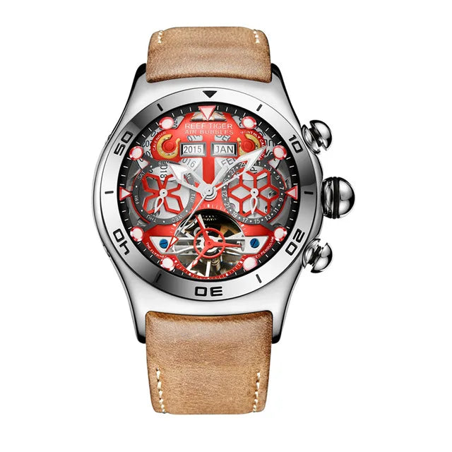 Reef Tiger-Montres Automatiques Seton pour Homme, Modules Or Rose, Bracelet Cuir Tourbillon, Montre dehors Étanche, Luxe, RIncome 703