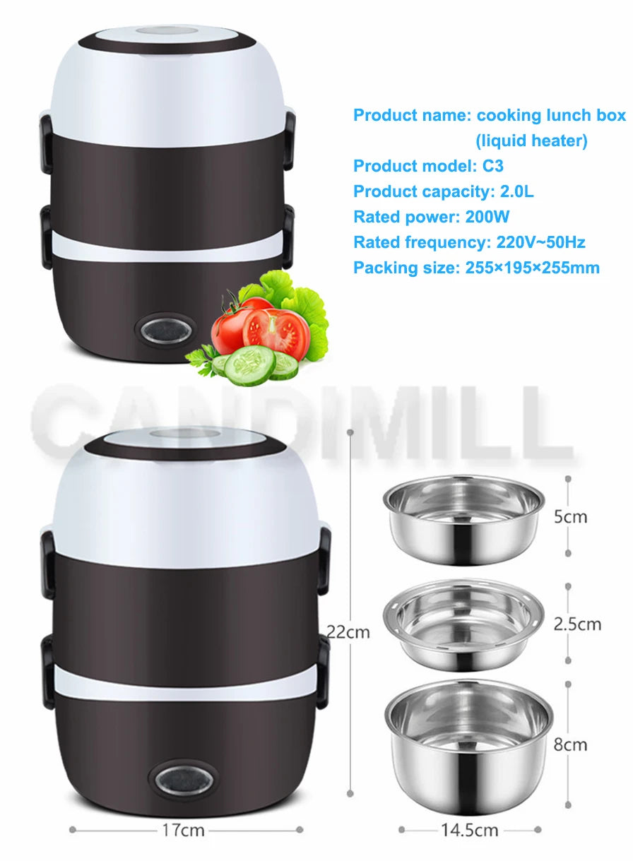 CANDIMILL Mini cuiseur à riz électrique repas Portable chauffage thermique boîte à déjeuner 2/3 couches cuiseur vapeur alimentaire récipient de cuisson
