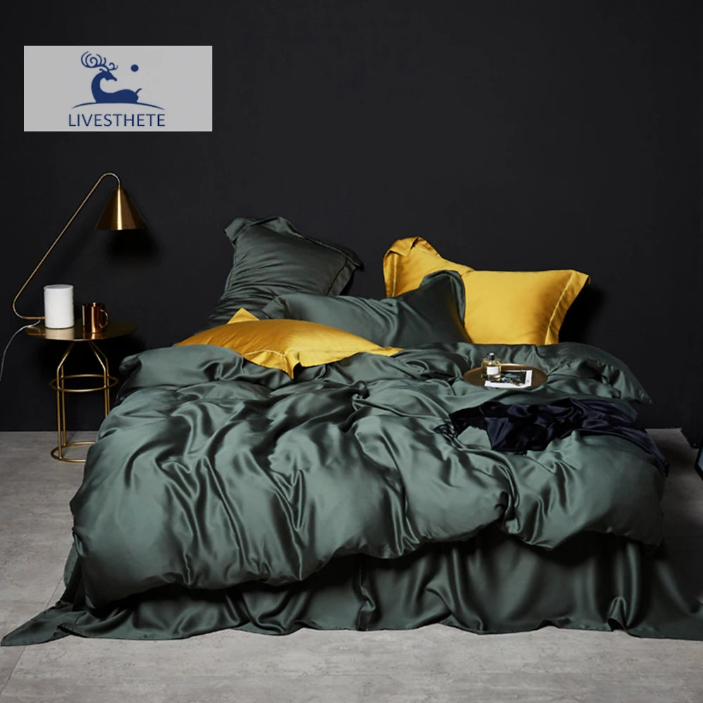 VEV-ESTHETE-Parure de lit vert foncé, ensemble de literie sain et pur, housse de luxe Queen et King, drap plat, taie d'oreiller, linge de lit, 100%