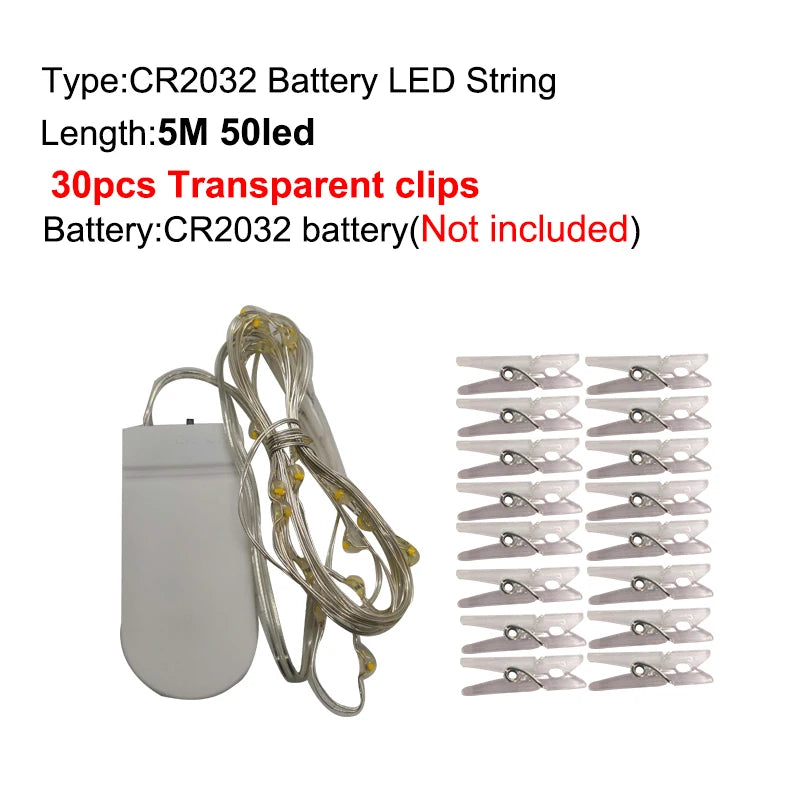 Guirlande lumineuse LED 5M 10M, Clip Photo USB, guirlande lumineuse féerique à piles, pour chambre à coucher, fête à domicile, mariage, décoration de noël