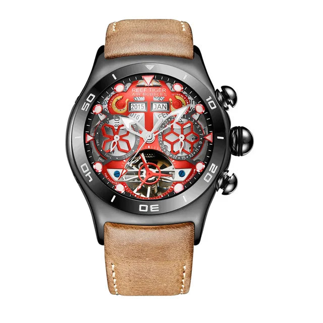Reef Tiger-Montres Automatiques Seton pour Homme, Modules Or Rose, Bracelet Cuir Tourbillon, Montre dehors Étanche, Luxe, RIncome 703