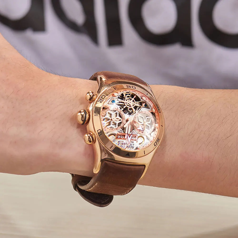 Reef Tiger-Montres Automatiques Seton pour Homme, Modules Or Rose, Bracelet Cuir Tourbillon, Montre dehors Étanche, Luxe, RIncome 703