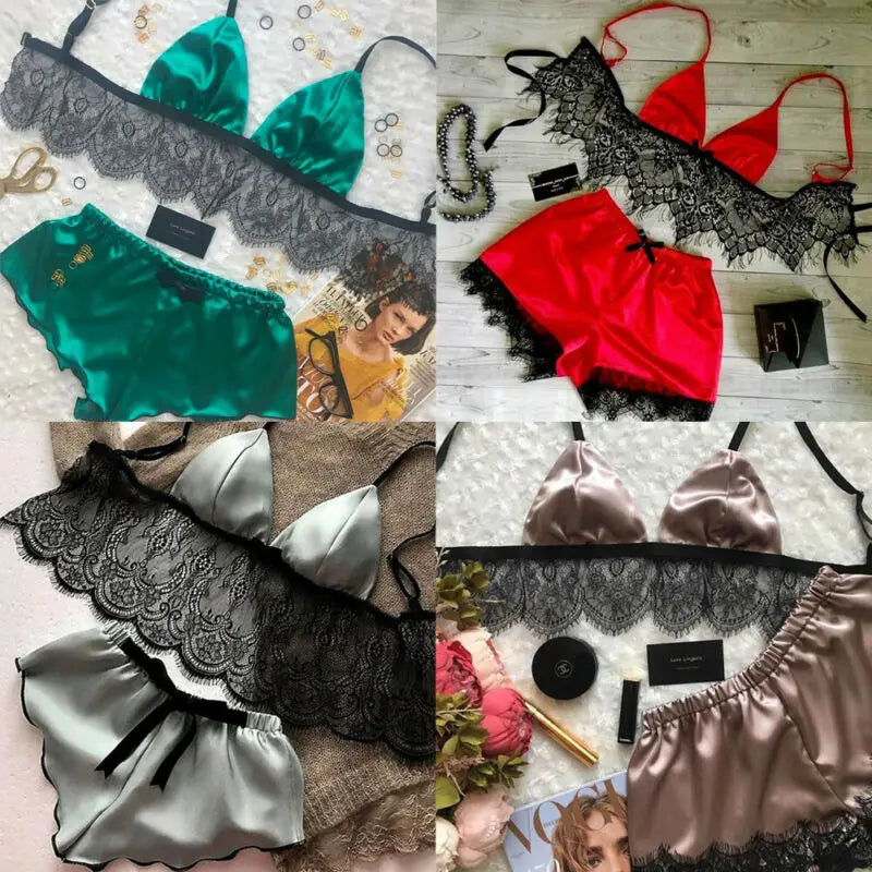 Sous-vêtements Sexy en Satin de soie pour femmes, Lingerie, pyjama, hauts courts, ensembles Bralette et culotte, vêtements doux pour filles, hauts, slips, costume en dentelle