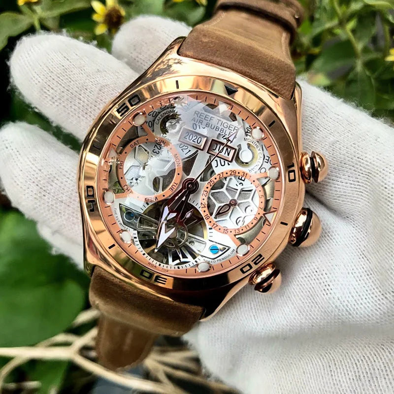 Reef Tiger-Montres Automatiques Seton pour Homme, Modules Or Rose, Bracelet Cuir Tourbillon, Montre dehors Étanche, Luxe, RIncome 703