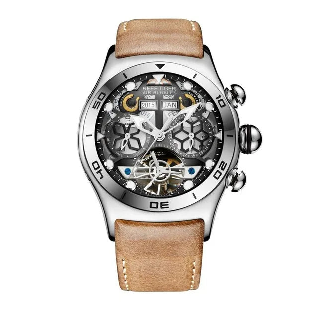 Reef Tiger-Montres Automatiques Seton pour Homme, Modules Or Rose, Bracelet Cuir Tourbillon, Montre dehors Étanche, Luxe, RIncome 703