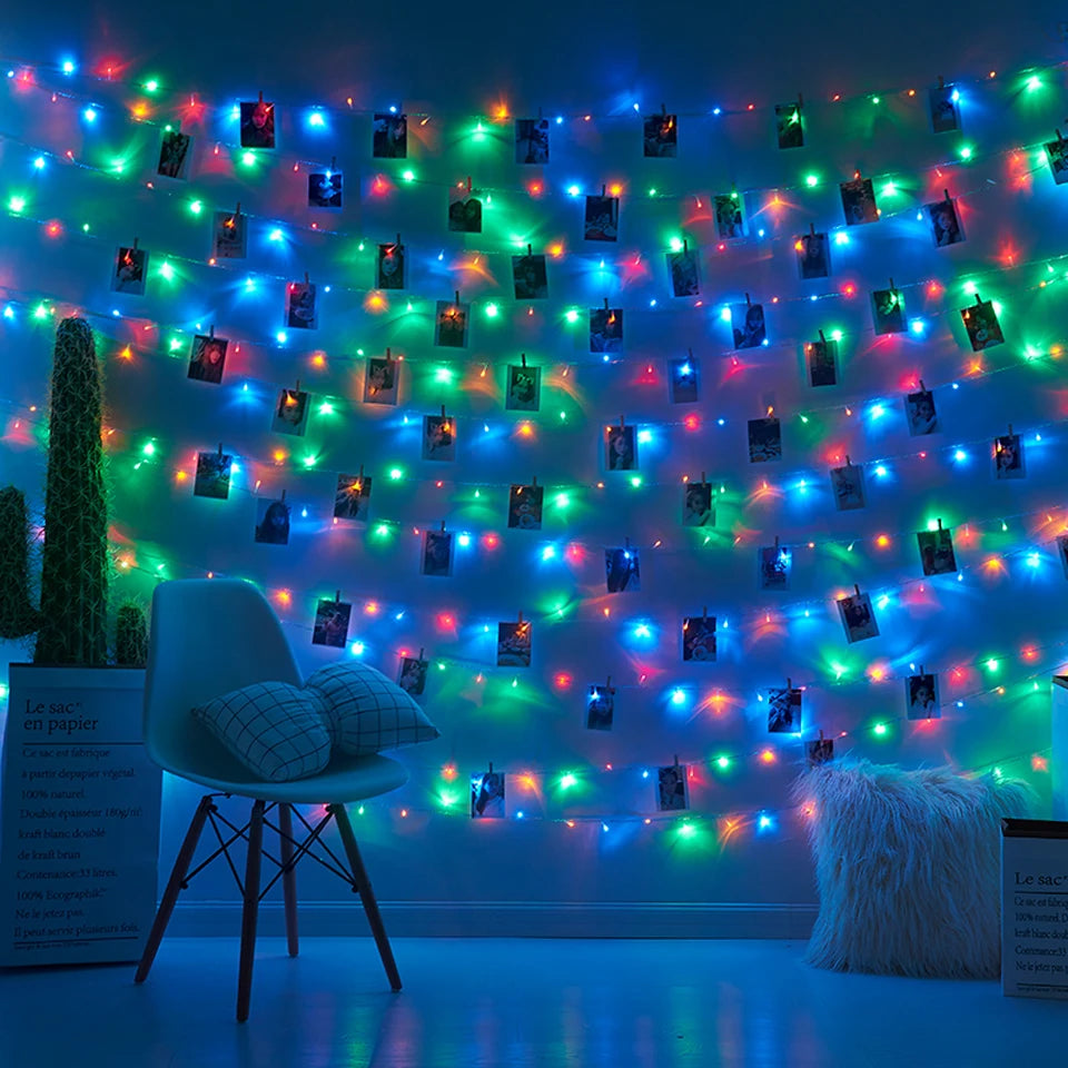 Guirlande lumineuse LED 5M 10M, Clip Photo USB, guirlande lumineuse féerique à piles, pour chambre à coucher, fête à domicile, mariage, décoration de noël