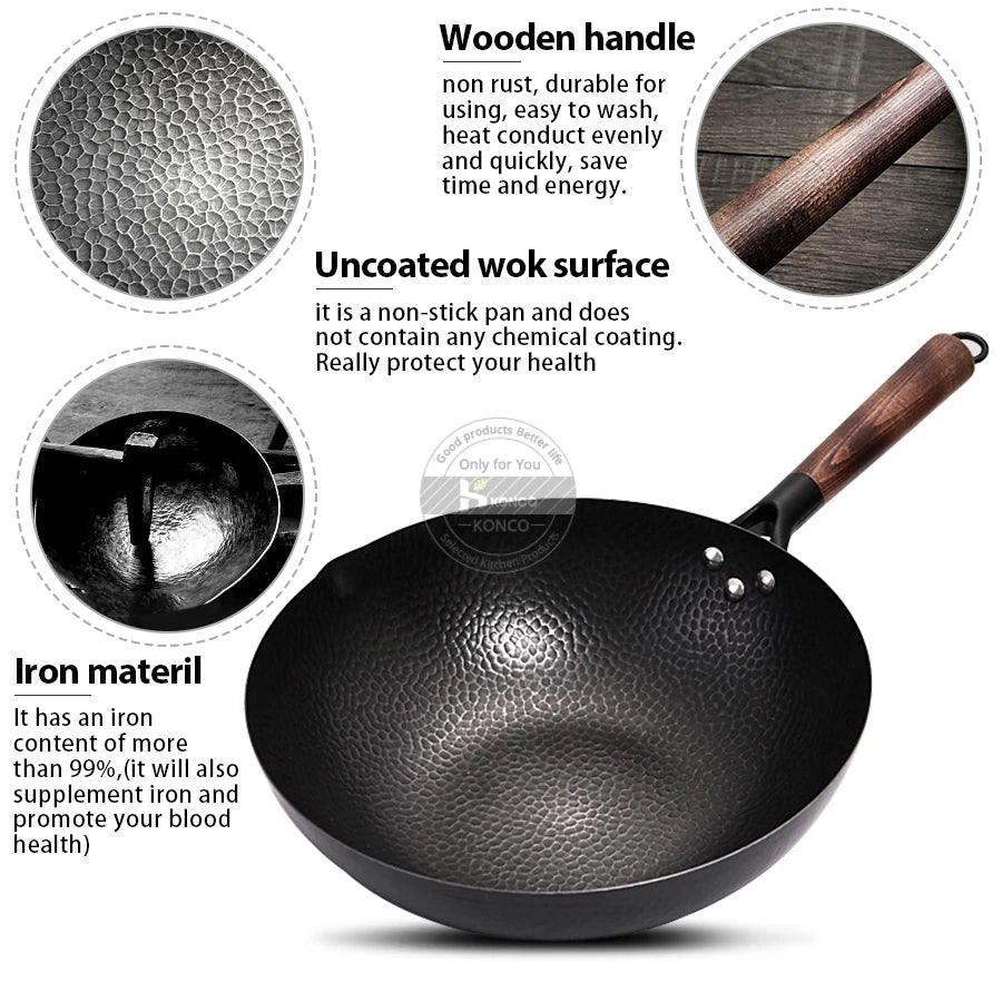 Konco Pure Iron wok poêle en fonte Pot non revêtu usage général pour cuisinière à gaz et à induction 32 cm Wok chinois ustensiles de cuisine