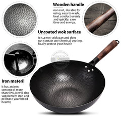 Konco Pure Iron wok poêle en fonte Pot non revêtu usage général pour cuisinière à gaz et à induction 32 cm Wok chinois ustensiles de cuisine