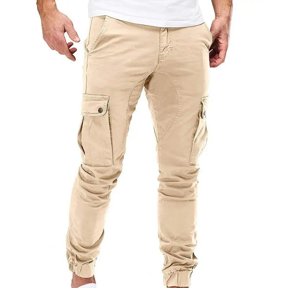 Men Cargo Military Pants Drawstring Solid Color Ankle Banded Casual Multi Pockets Cargo Pants for Male 2021 Autumn Sportswear