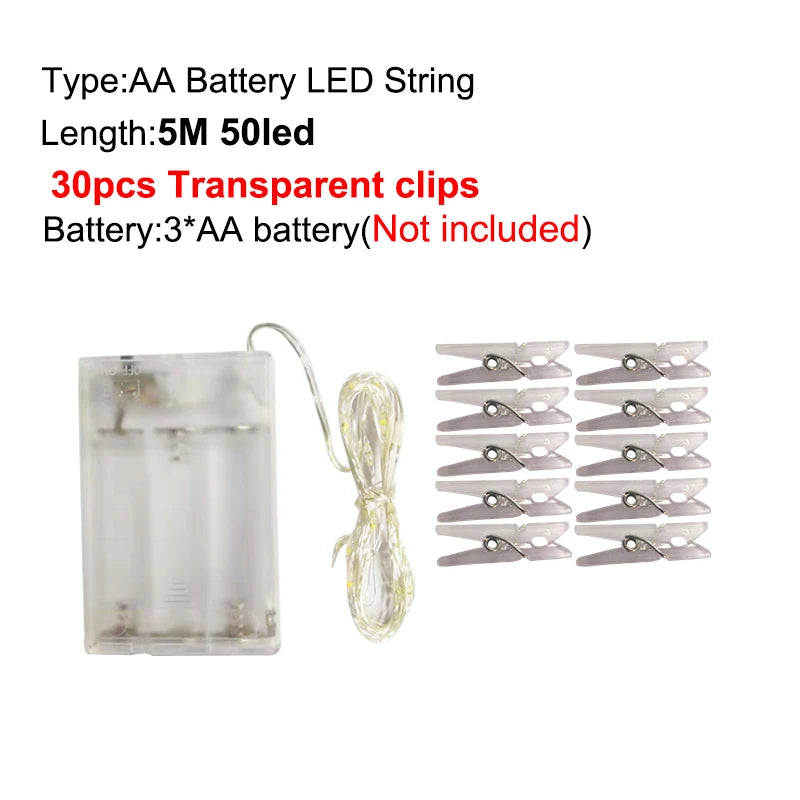 Guirlande lumineuse LED 5M 10M, Clip Photo USB, guirlande lumineuse féerique à piles, pour chambre à coucher, fête à domicile, mariage, décoration de noël