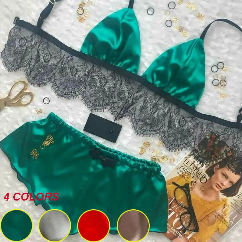 Sous-vêtements Sexy en Satin de soie pour femmes, Lingerie, pyjama, hauts courts, ensembles Bralette et culotte, vêtements doux pour filles, hauts, slips, costume en dentelle