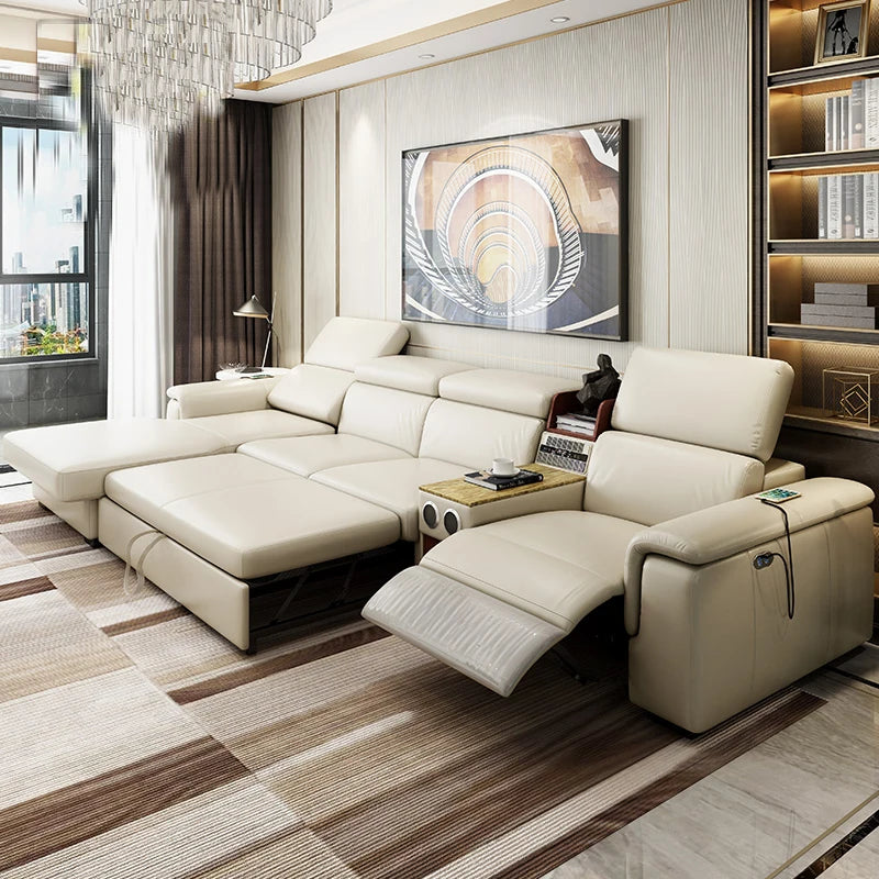 Canapé-lit en cuir véritable pour salon, canapé inclinable électrique en L, haut-parleur, supporter ficateur d'air, rangement Bluetooth