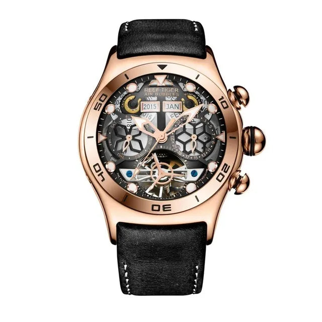 Reef Tiger-Montres Automatiques Seton pour Homme, Modules Or Rose, Bracelet Cuir Tourbillon, Montre dehors Étanche, Luxe, RIncome 703