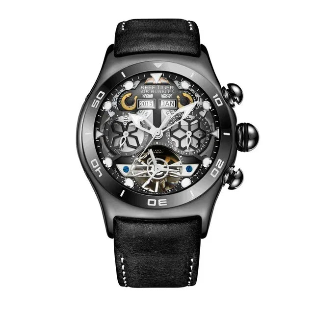 Reef Tiger-Montres Automatiques Seton pour Homme, Modules Or Rose, Bracelet Cuir Tourbillon, Montre dehors Étanche, Luxe, RIncome 703