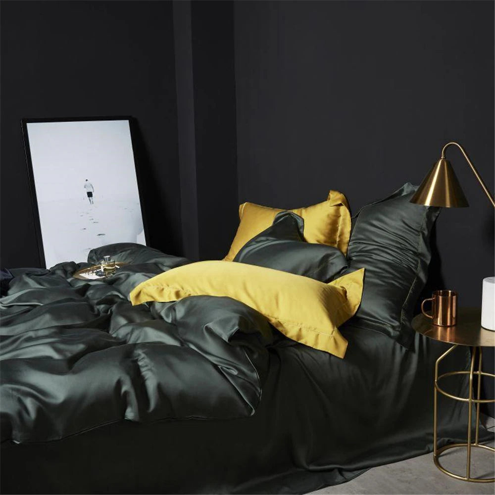 VEV-ESTHETE-Parure de lit vert foncé, ensemble de literie sain et pur, housse de luxe Queen et King, drap plat, taie d'oreiller, linge de lit, 100%