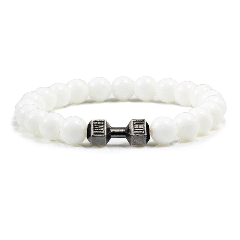 Bracelet en pierre volcanique naturelle Hommes Noir mat Lave Blanc Perles Breloque Haltère Brins Bracelets Femmes Barre Fitness Bijoux