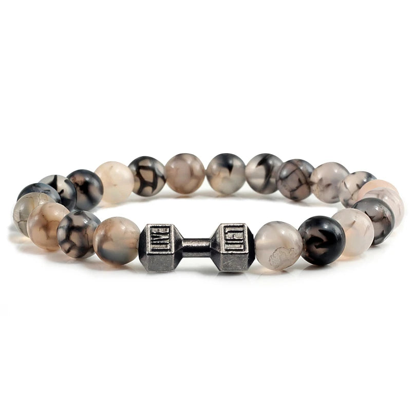 Bracelet en pierre volcanique naturelle Hommes Noir mat Lave Blanc Perles Breloque Haltère Brins Bracelets Femmes Barre Fitness Bijoux