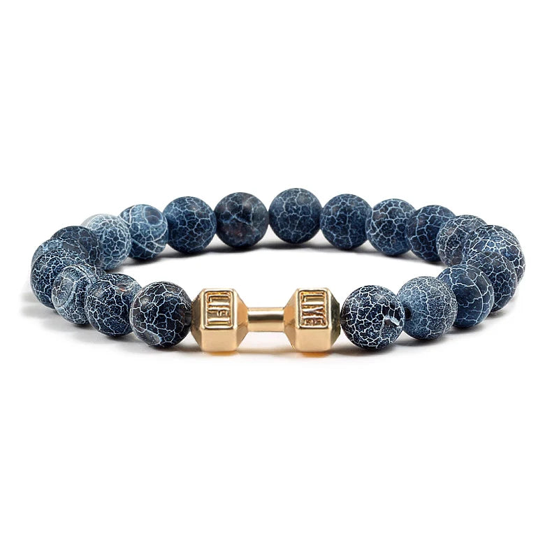 Bracelet en pierre volcanique naturelle Hommes Noir mat Lave Blanc Perles Breloque Haltère Brins Bracelets Femmes Barre Fitness Bijoux