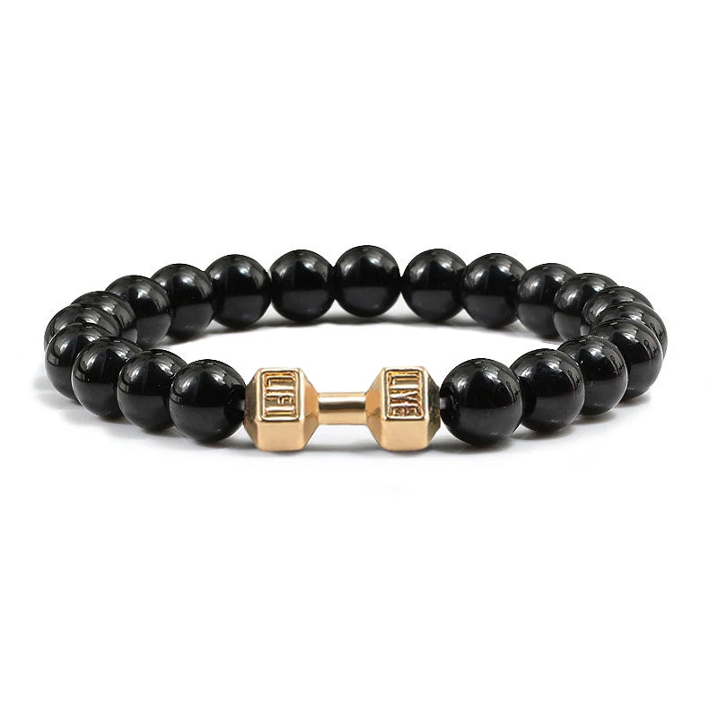 Bracelet en pierre volcanique naturelle Hommes Noir mat Lave Blanc Perles Breloque Haltère Brins Bracelets Femmes Barre Fitness Bijoux