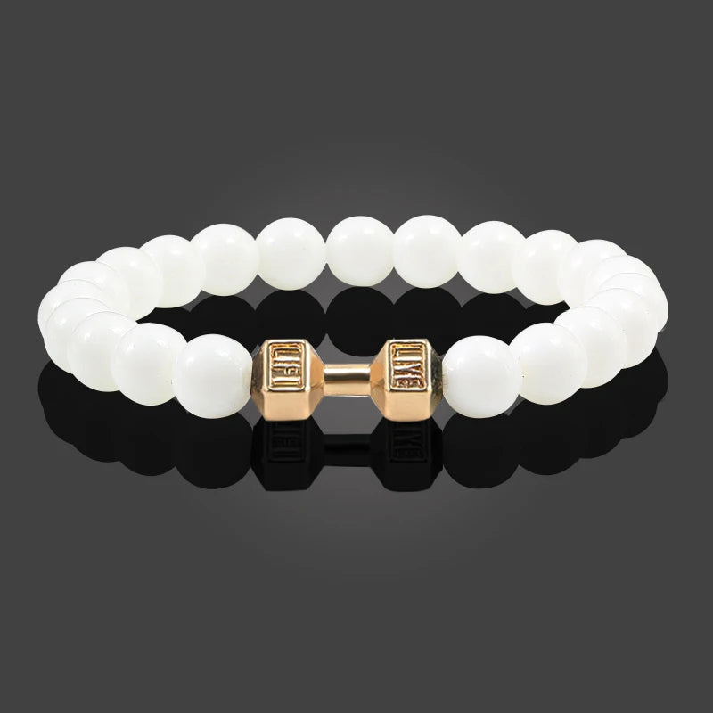 Bracelet en pierre volcanique naturelle Hommes Noir mat Lave Blanc Perles Breloque Haltère Brins Bracelets Femmes Barre Fitness Bijoux