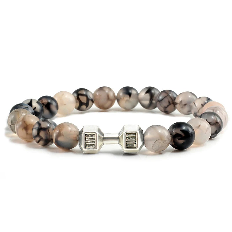 Bracelet en pierre volcanique naturelle Hommes Noir mat Lave Blanc Perles Breloque Haltère Brins Bracelets Femmes Barre Fitness Bijoux