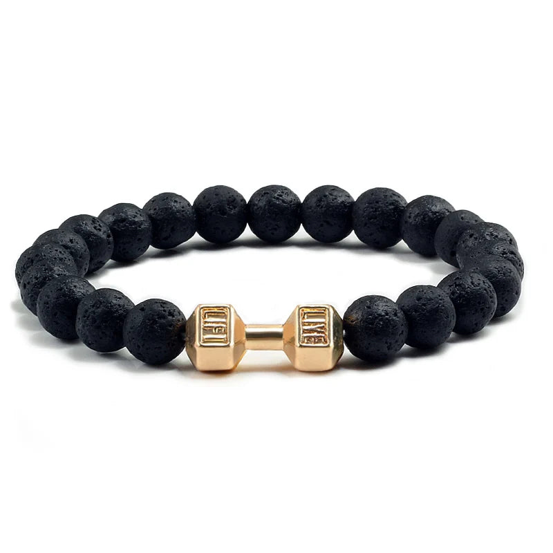 Bracelet en pierre volcanique naturelle Hommes Noir mat Lave Blanc Perles Breloque Haltère Brins Bracelets Femmes Barre Fitness Bijoux