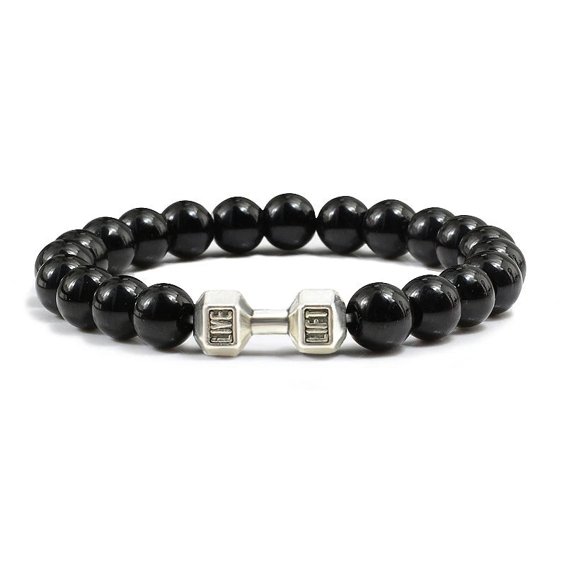 Bracelet en pierre volcanique naturelle Hommes Noir mat Lave Blanc Perles Breloque Haltère Brins Bracelets Femmes Barre Fitness Bijoux