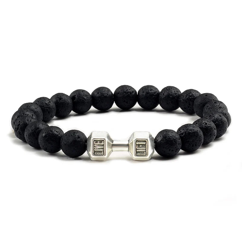 Bracelet en pierre volcanique naturelle Hommes Noir mat Lave Blanc Perles Breloque Haltère Brins Bracelets Femmes Barre Fitness Bijoux
