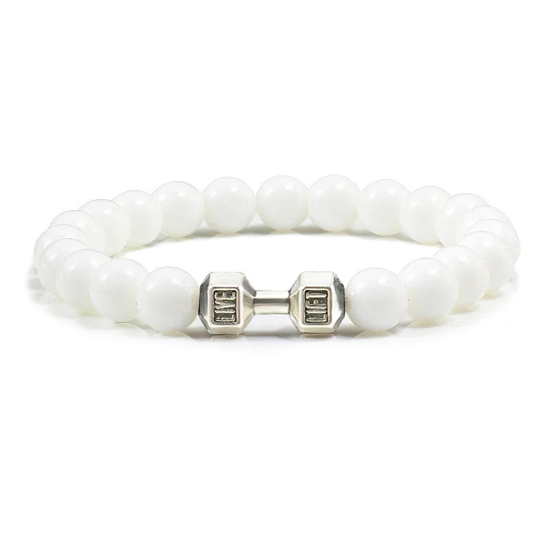 Bracelet en pierre volcanique naturelle Hommes Noir mat Lave Blanc Perles Breloque Haltère Brins Bracelets Femmes Barre Fitness Bijoux