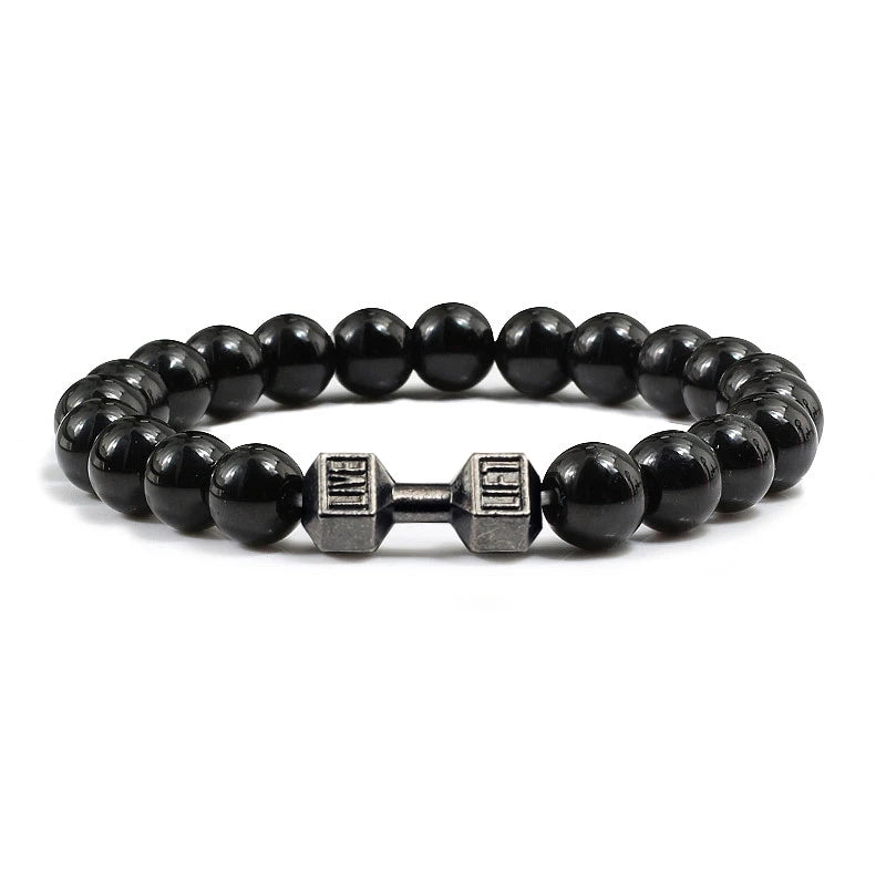 Bracelet en pierre volcanique naturelle Hommes Noir mat Lave Blanc Perles Breloque Haltère Brins Bracelets Femmes Barre Fitness Bijoux